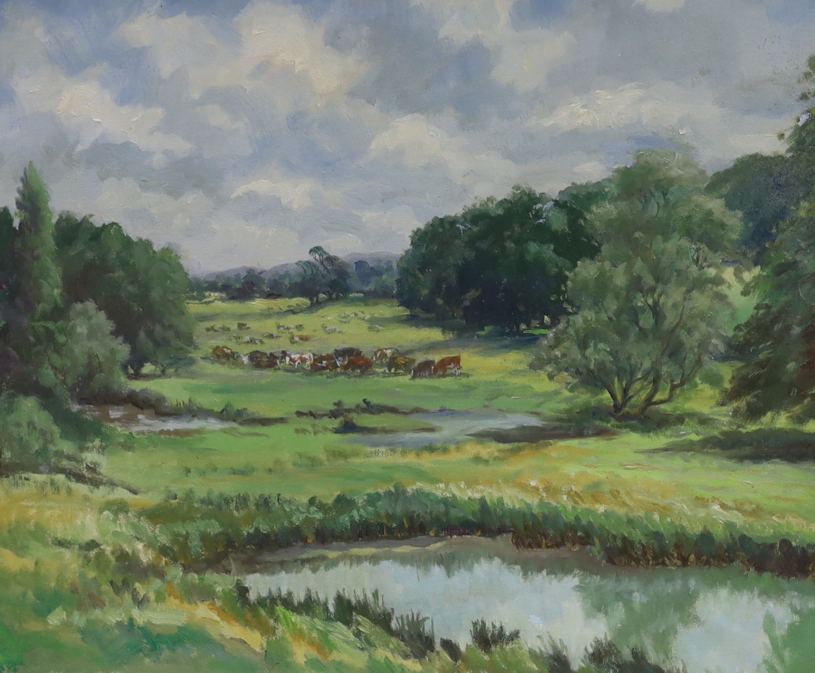 Harwood Eve (20th. C), oil on canvas board, 'Meadows at Froyle', unsigned, details verso, 50 x 60cm